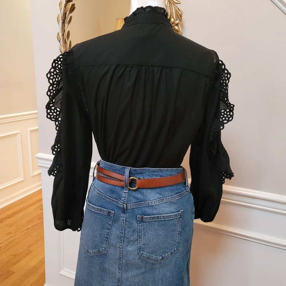 New! J Crew Sz M Ruffle-sleeve Top Embroidered Eyelet Black NWT